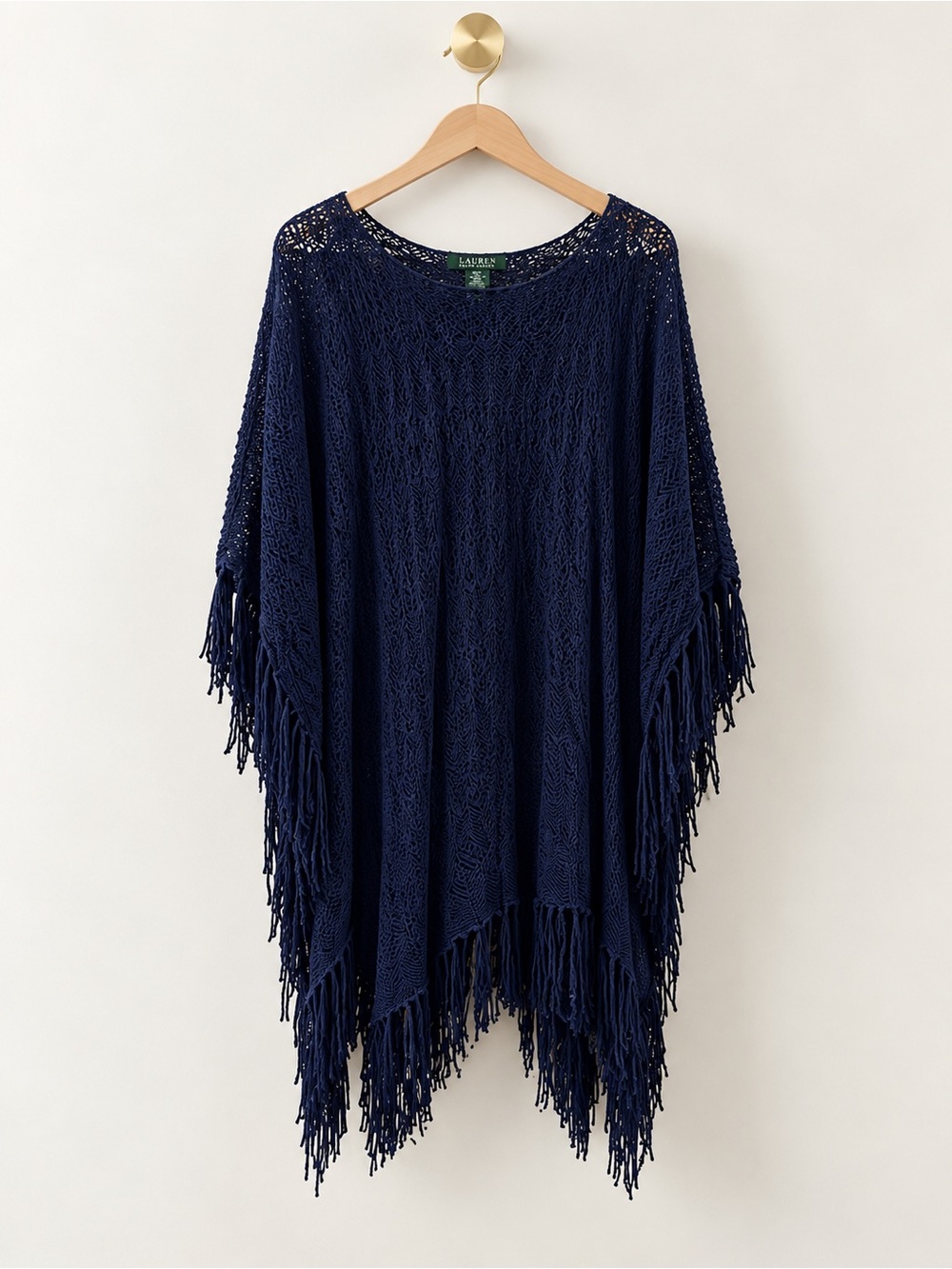 Lauren Ralph Lauren L/XL Navy Blue Crochet Knit Fringe Poncho 100% Cotton